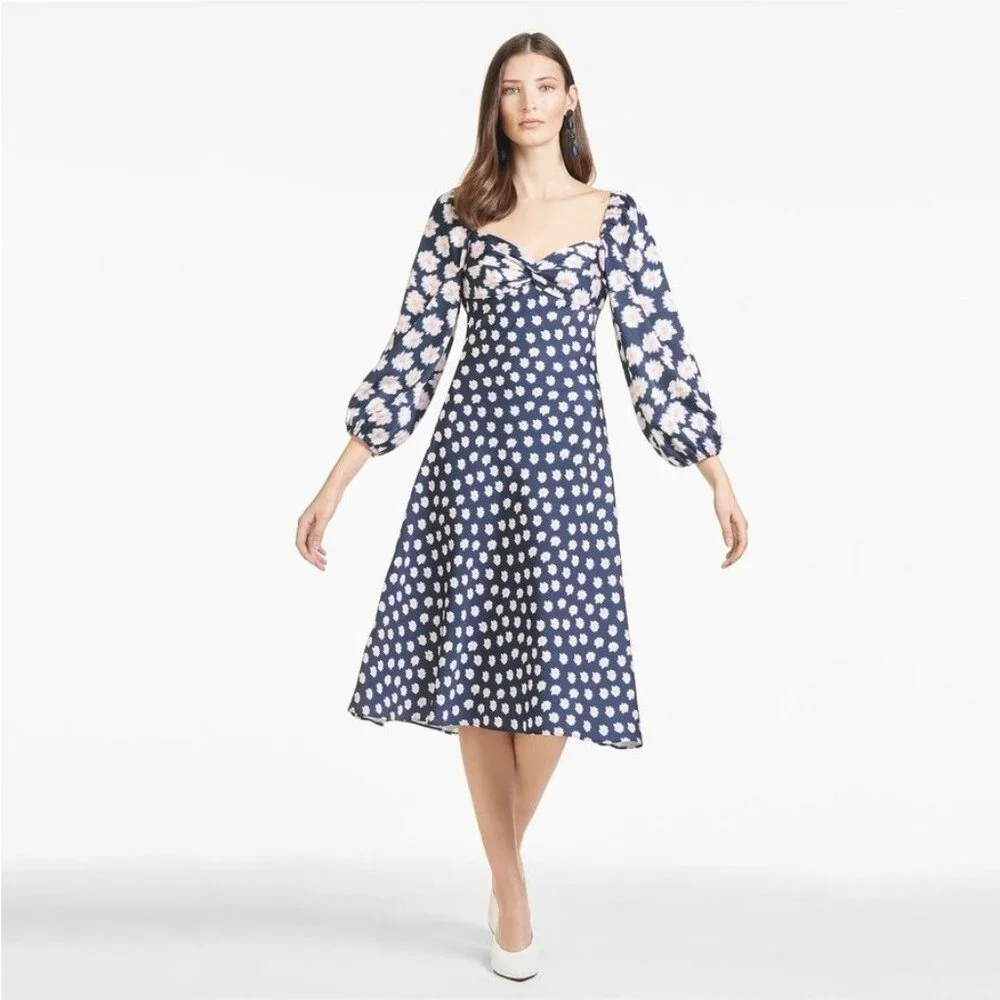 NWT SACHIN + BABI Melody Dress Ikat Blue/ Pink Midi Casual Cutout Puff Sleeve 2 - Picture 1 of 14